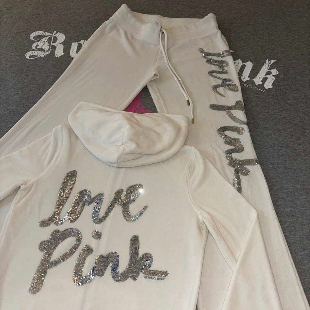 Rare VS PINK White Velour Velvet Holographic Sequin Bling Matching Outfit Set XS - Picture 3 of 13